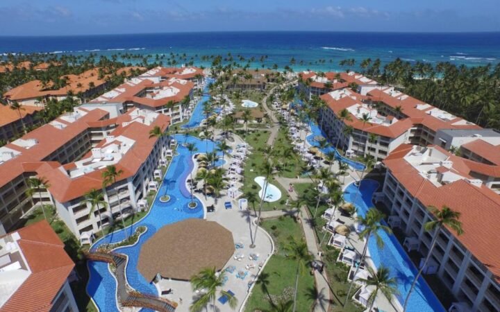 Meandering lagoon pools and palm trees at Majestic Mirage Punta Cana