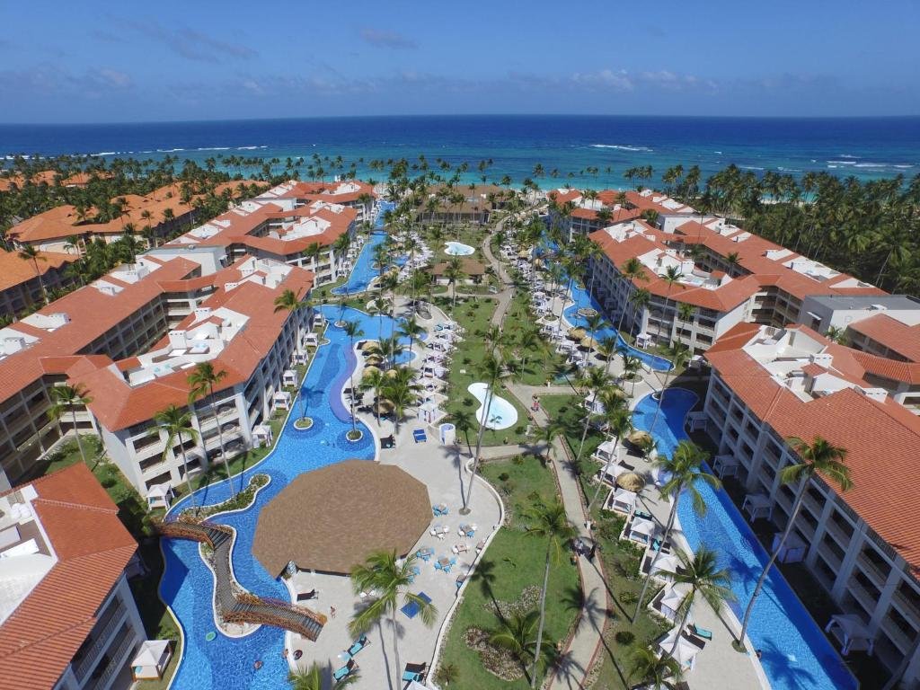 Meandering lagoon pools and palm trees at Majestic Mirage Punta Cana